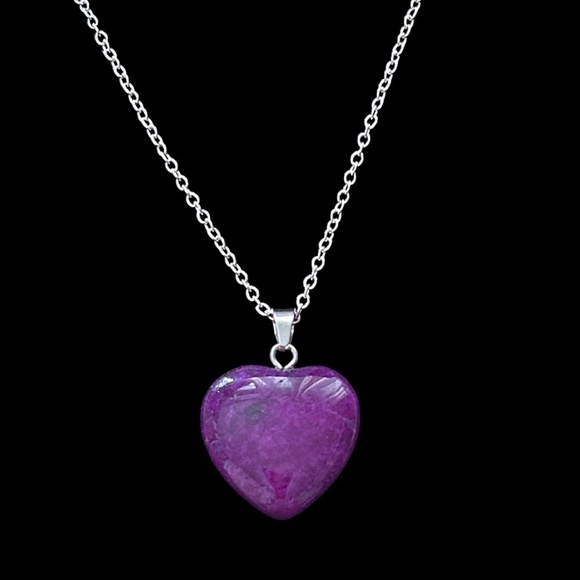 Hand Crafted Jewelry Purple Polished Stone 3-D Heart Silver Plate Chain - Picture 1 of 8